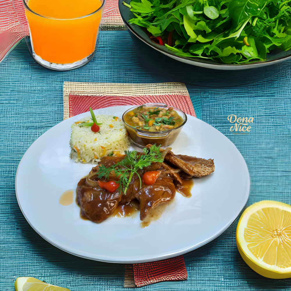 filé mignon suíno ao BBQ, arroz c/ brocolis e feijão carioca